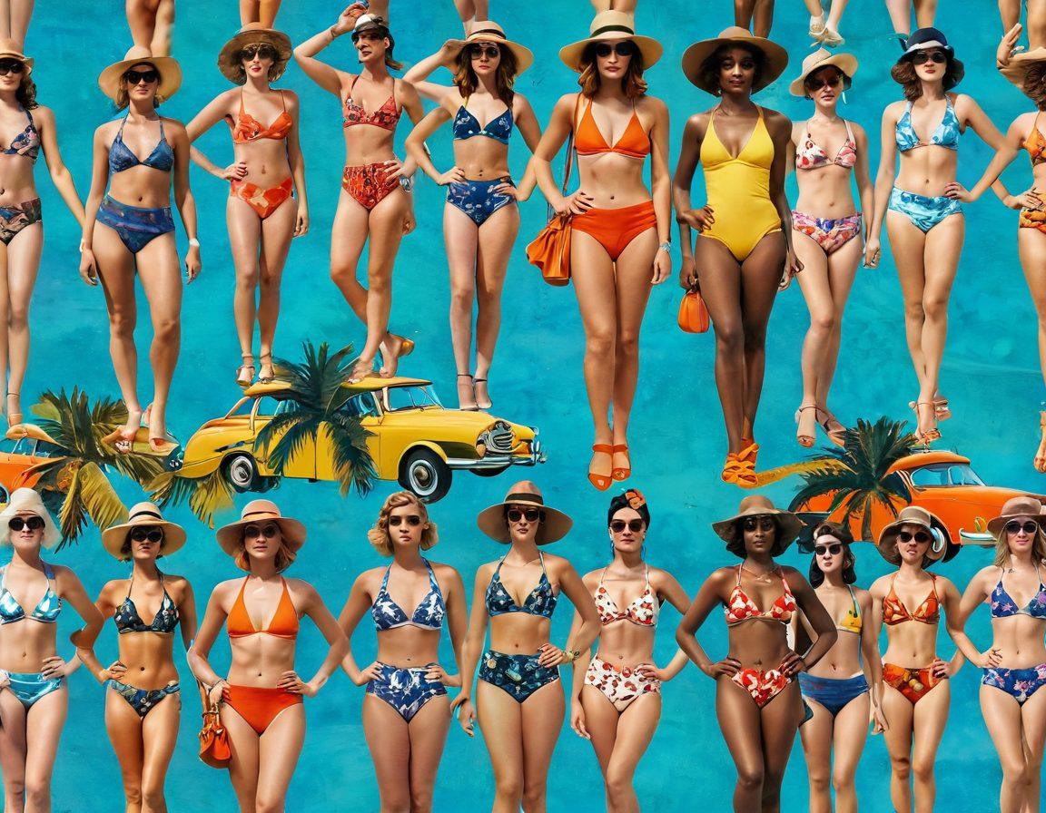 A vibrant collage showcasing the evolution of bikini fashion from the 1920s to the 2020s. Include vintage styles, colorful prints, and varying body types on diverse beach backgrounds. Highlight key cultural influences like music festivals, glamorous holidays, and summer fun. Use a blend of retro and modern aesthetics to symbolize the journey. bright colors, vintage and modern fusion, 3D elements.